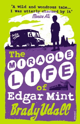 Book cover: boy silhouetted before a vintage mail van, purple and green.