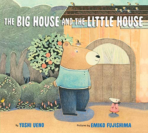 Bear in blue shirt stands before a large, orange house with a mouse.