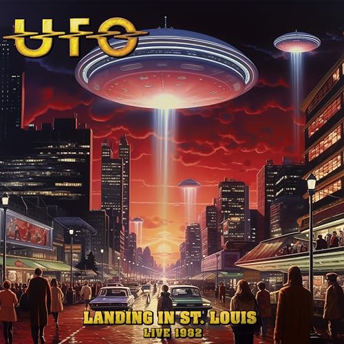 UFOs hover over a city street at sunset with people walking below.