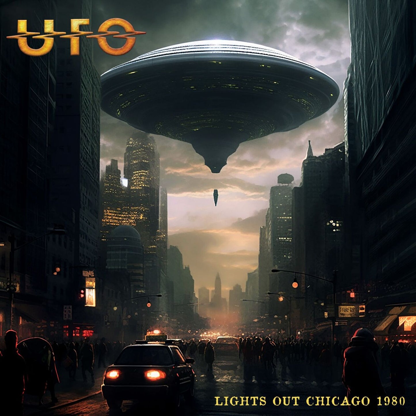 UFO album cover: a UFO over a crowded Chicago street, 1980.