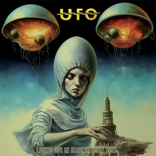 UFO album cover: hooded figure, UFOs, and a tower in a landscape.