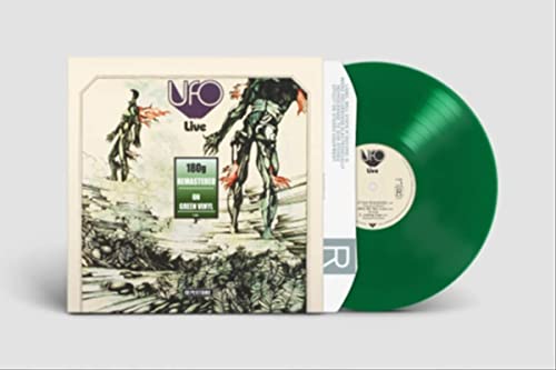 UFO "Live" vinyl record with green disc and album cover art.