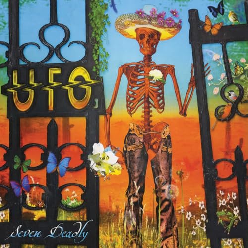 Skeleton with flowers framed by ornate iron gates, album cover art.