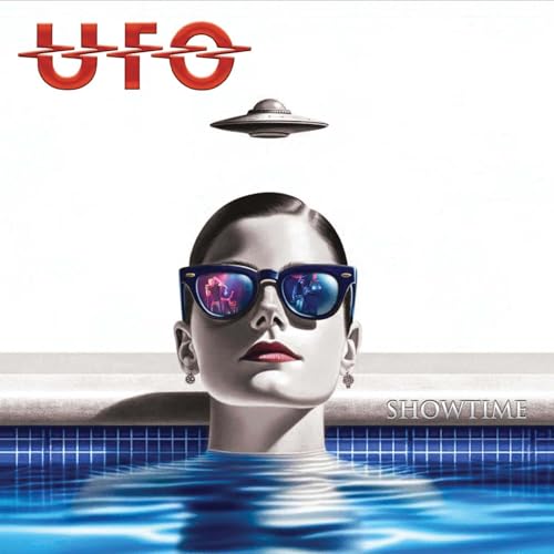 UFO album cover: woman in water, UFO reflection in sunglasses.