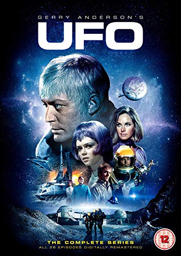 DVD cover art for Gerry Anderson's UFO featuring cast members, space vehicles, and lunar base.