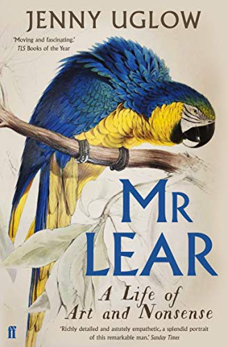 Book cover: portrait of a blue and yellow macaw with title "Mr Lear".