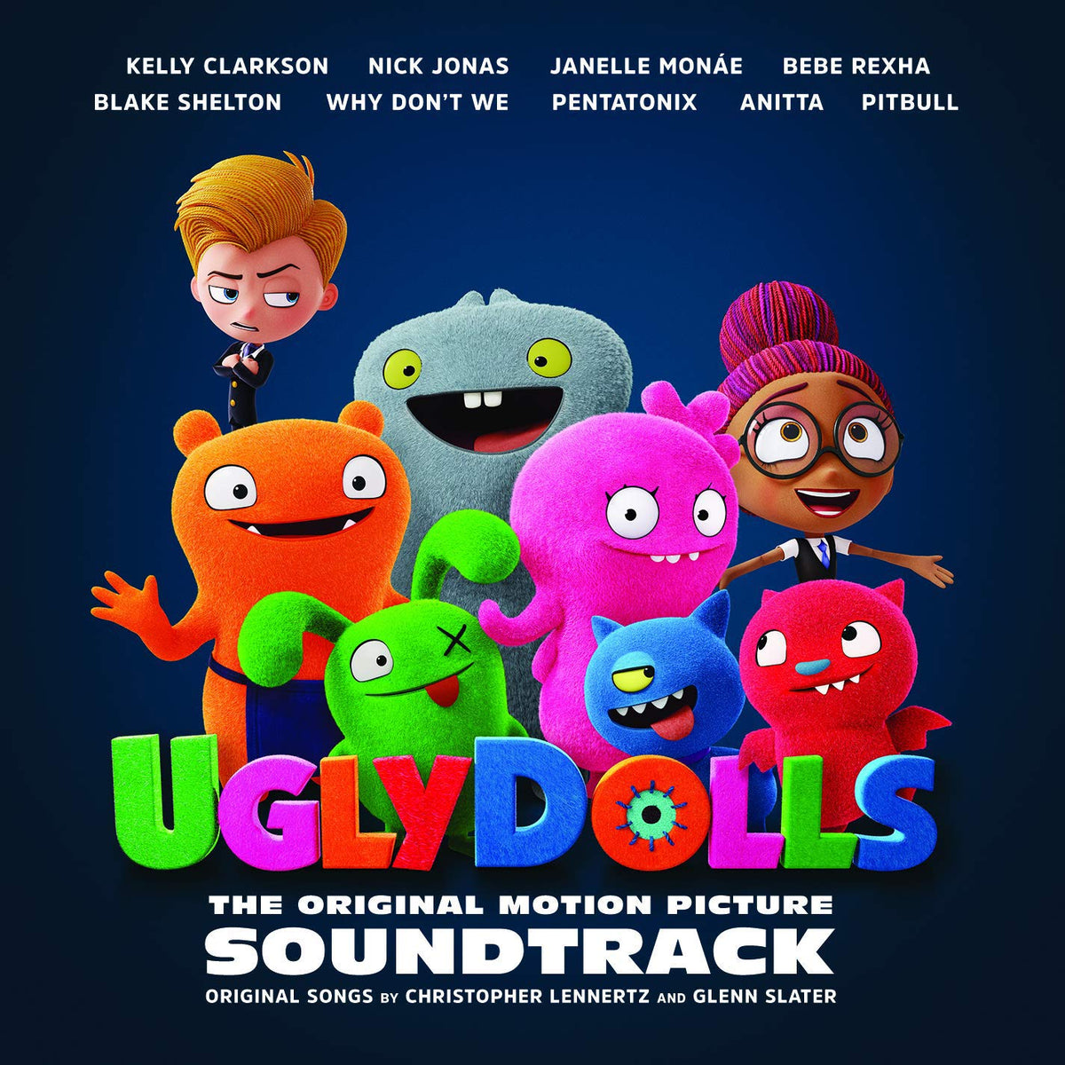"UglyDolls soundtrack cover featuring colorful characters and title on a dark blue background."