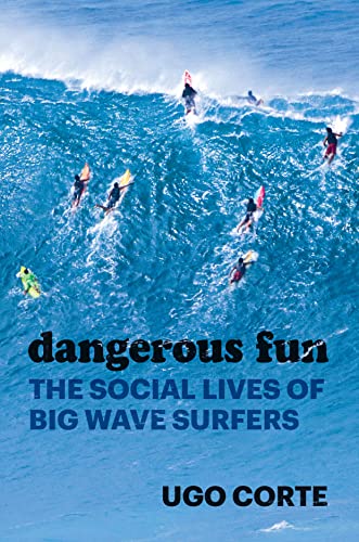 Book cover: Surfers riding large, blue waves; title “Dangerous Fun.”