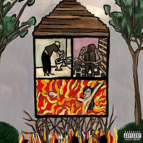 CD cover art depicting a house with disturbing imagery of figures and flames.
