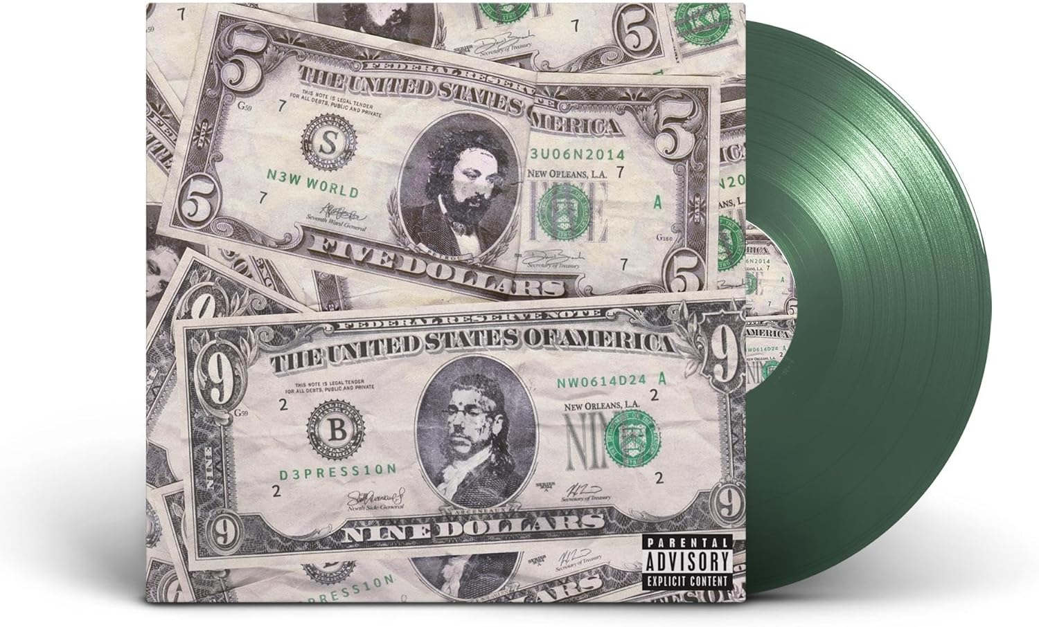 $uicideboy$ vinyl record with dollar bill cover art and green disc.