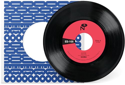 Black vinyl record with red label featuring “Ujima - Maybe” and patterned sleeve.