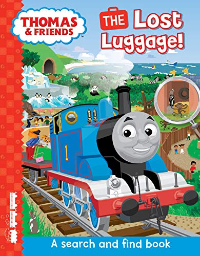 Thomas the Tank Engine on tracks, with a search and find theme.
