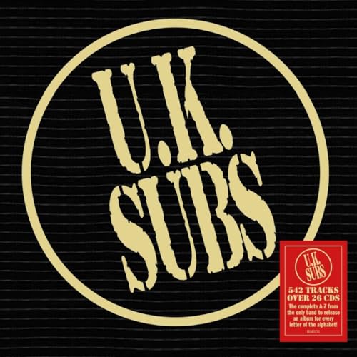 UK Subs logo in a gold circle on a black background with red information box.