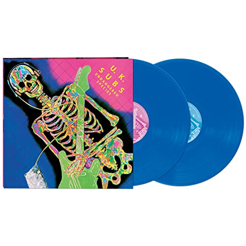 Blue vinyl records of UK Subs’ “Endangered Species” album with skeletal cover art.