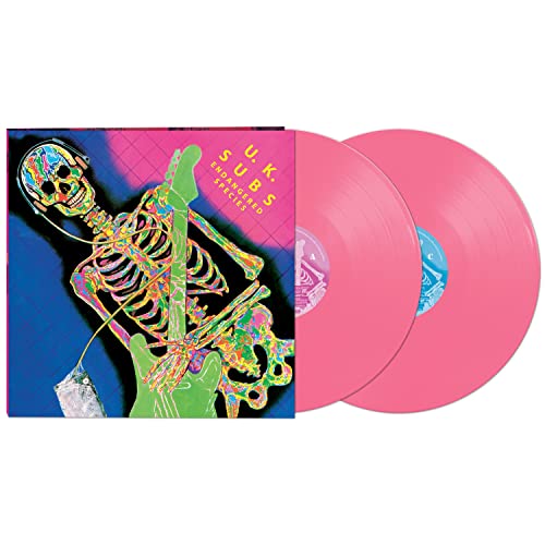 Pink vinyl records with colorful skeleton album art for UK Subs.