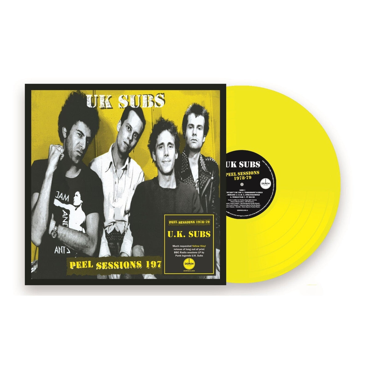 Uk Subs "Peel Sessions" yellow vinyl record with band portrait cover.