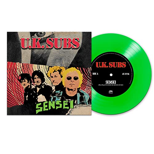 U.K. Subs "Sensei" vinyl record with green disc and band photo cover.