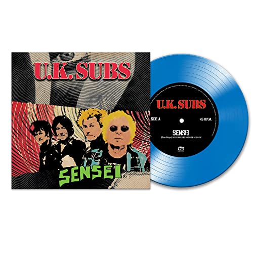 Blue vinyl record and album cover for U.K. Subs’ “Sensei,” featuring band members.