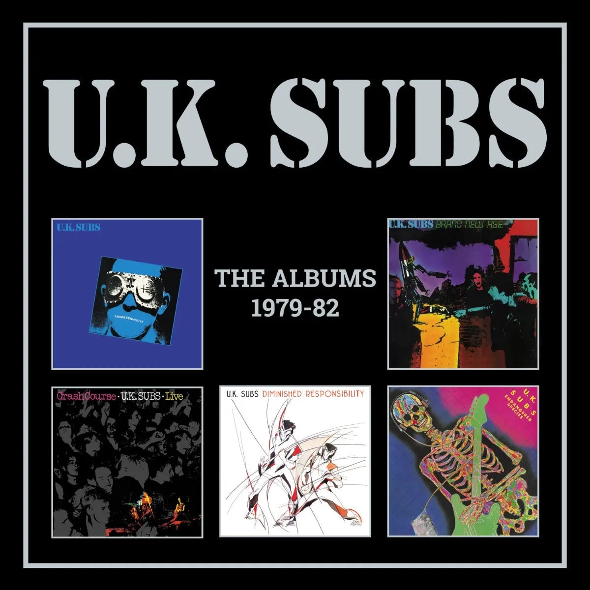 UK Subs album collection 1979-82, featuring album cover images.