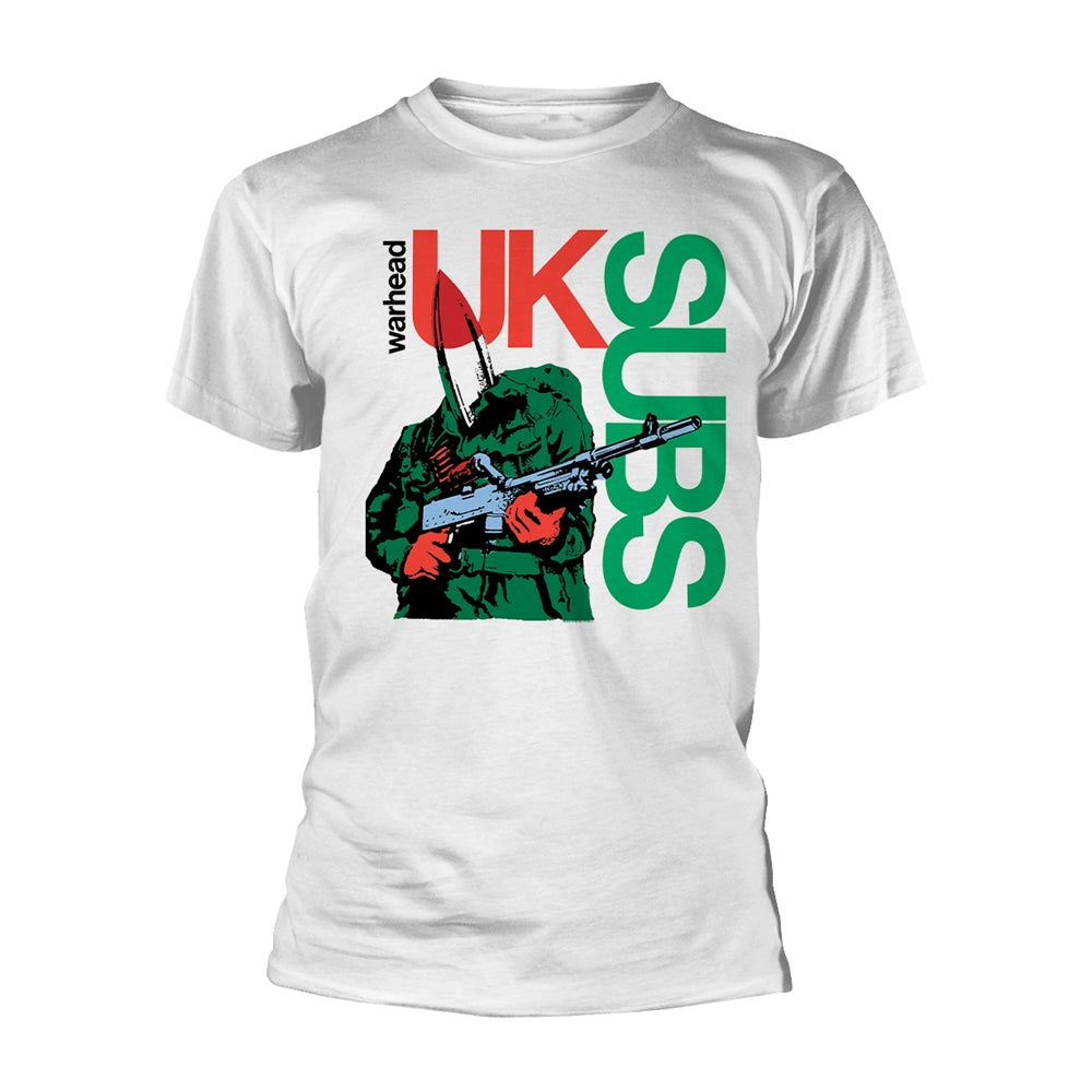 White t-shirt featuring UK Subs logo and a soldier with a rifle.