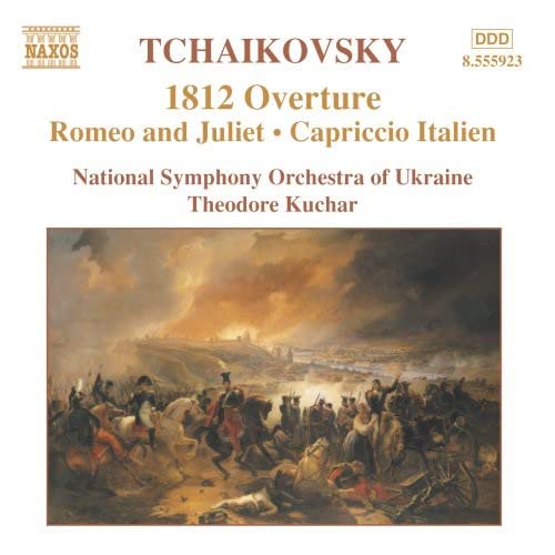 CD cover: battle scene painting, text “Tchaikovsky 1812 Overture”, orchestra details.