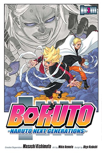 Boruto and Naruto running before a large, ominous figure on a manga cover.
