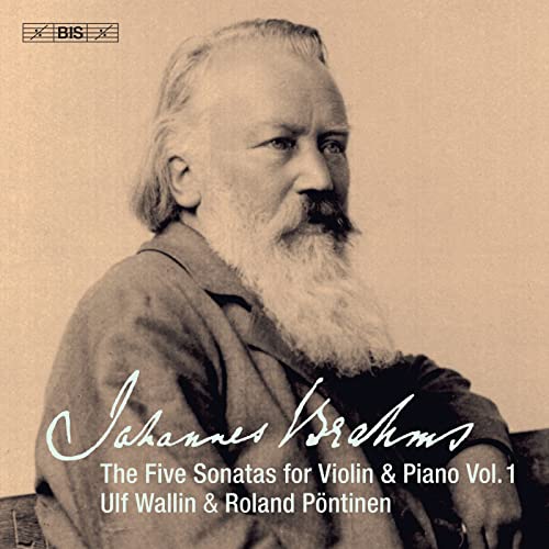 Sepia-toned portrait of Johannes Brahms with text overlay for a violin and piano album.