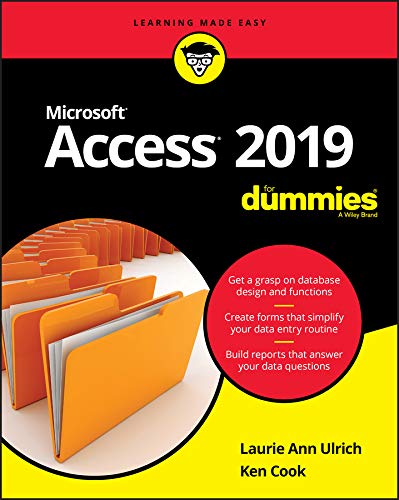 Book cover for "Access 2019 For Dummies" with file folder image.