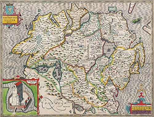 Vintage 1610 map of Ulster, Ireland, featuring detailed regional boundaries and a fortress inset.