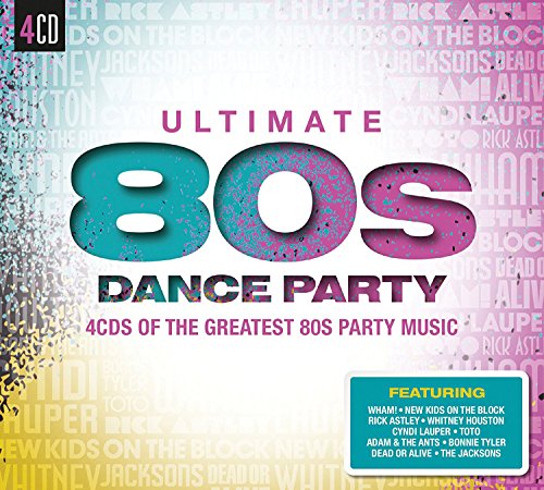 Four-disc CD set, “Ultimate 80s Dance Party,” with artist names listed.