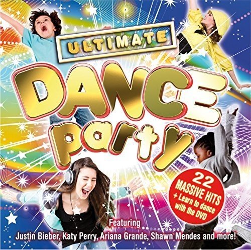 Colorful "Ultimate Dance Party 2016" CD cover with dancing people and vibrant text.