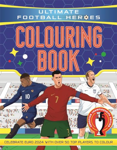 Colouring book cover featuring football players and a stadium background.