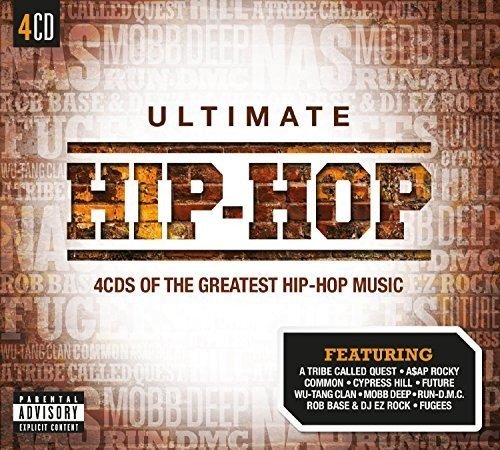 "CD cover with 'Ultimate Hip-Hop' title and list of featured artists, brown and white background."
