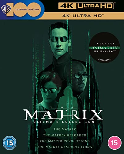 The Matrix Ultimate Collection Blu-ray cover featuring Neo, Trinity, and Morpheus with digital rain.