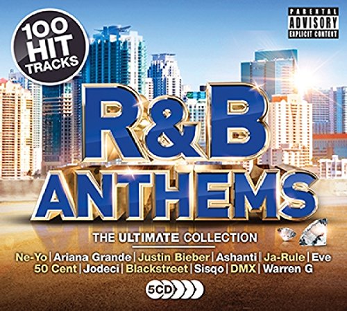CD cover for "R&B Anthems" with city skyline and artist names.