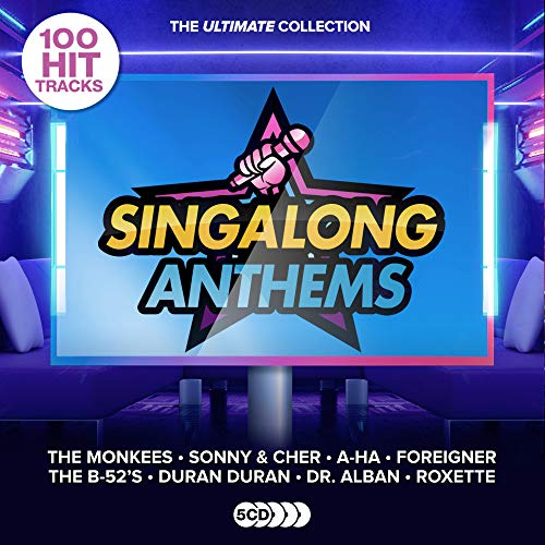 "CD cover with 'Singalong Anthems' title, microphone graphic, and artist names on a blue background."