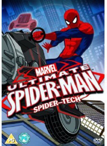 DVD cover featuring Spider-Man swinging, with "Ultimate Spider-Man: Spider-Tech" text and cityscape background.
