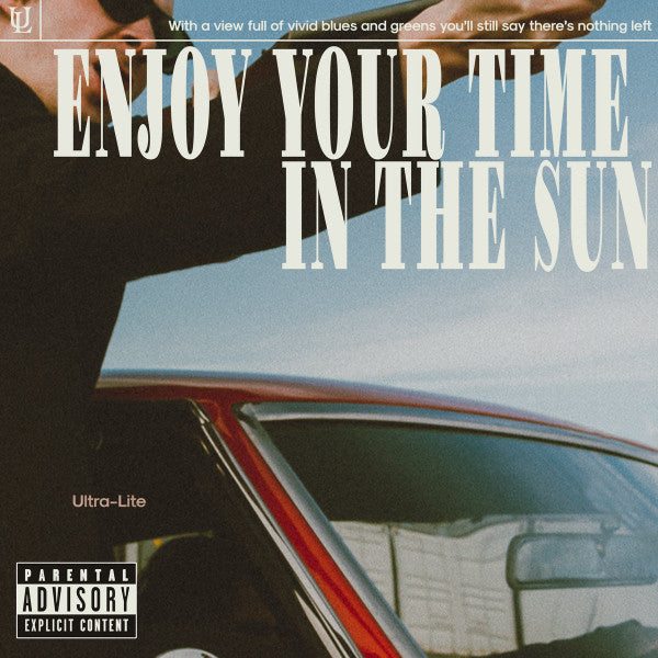 Vinyl record cover with text “Enjoy Your Time In The Sun” and a car.