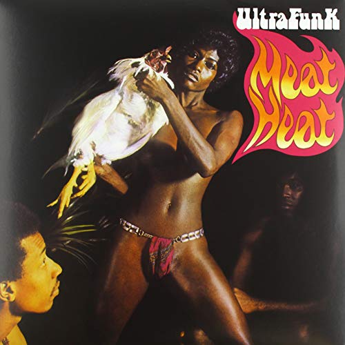 Vinyl record cover: a person holding a chicken, with fiery text.