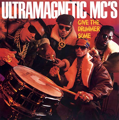 Vinyl album cover with Ultramagnetic MC's and a man playing the drums.