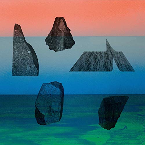 "Vinyl album cover featuring abstract illustration of rocks floating above water and sky gradient."