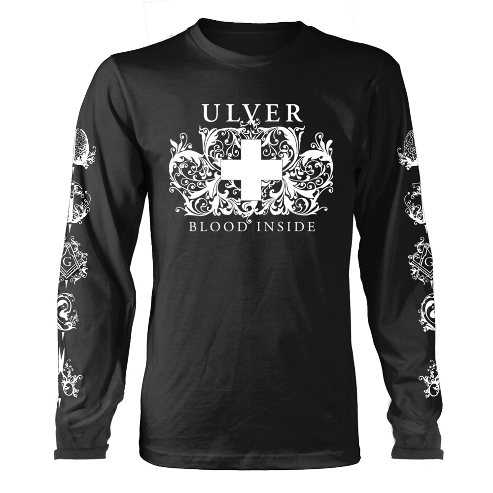 Black long-sleeved t-shirt with white Ulver and ornate cross design.
