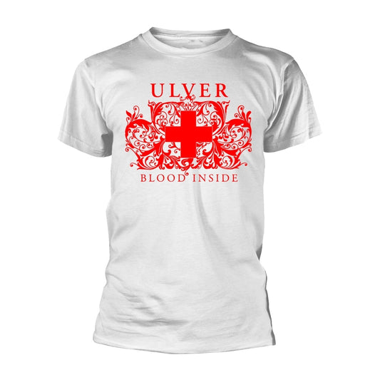 White t-shirt with red Ulver logo featuring a floral cross design.