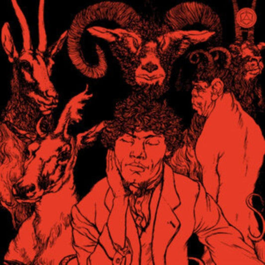 Red and black illustration of a man surrounded by several horned goats.