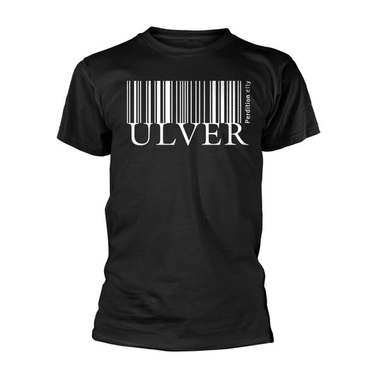 Black t-shirt with white text “ULVER” and a barcode design.