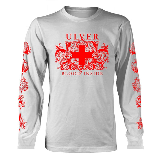 White long-sleeve t-shirt with red Ulver band logo and ornate design.