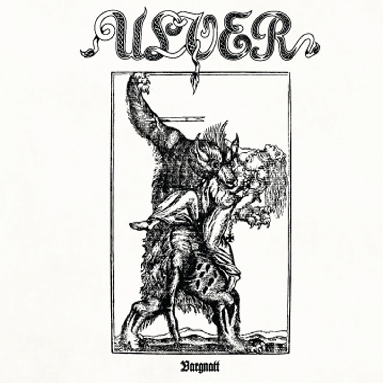 Ulver’s “Vargnatt” vinyl cover: black and white illustration of a wolf creature.