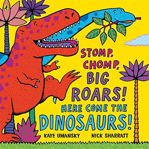 "Children's book cover featuring cartoon dinosaurs, plants, and bright colors against a yellow background."