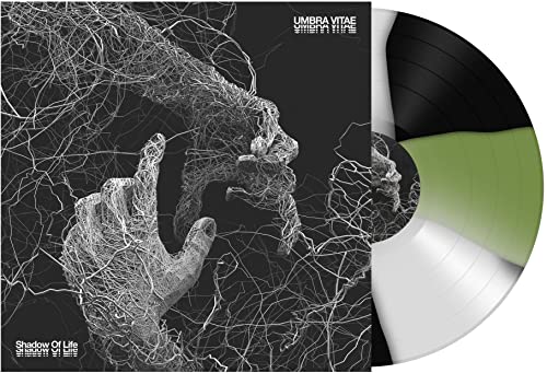 Vinyl record cover with tangled hands and abstract green swirl pattern.