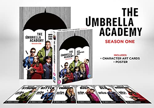 The Umbrella Academy Season One DVD box set with character art cards displayed below.